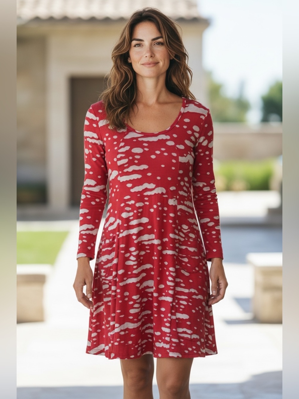 Red Long-Sleeve Patterned Women's Tunic Dress